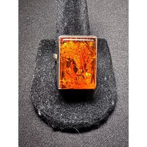 925 Sterling Silver Vintage Amber Square Ring Size 9